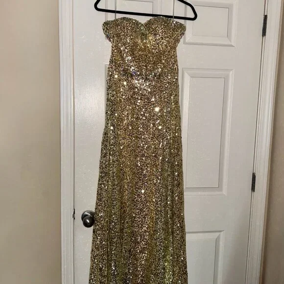 Grace Karin Gold Sequin Strapless Evening Gown | Sparkly Formal Party Dress - Picture 2 of 7